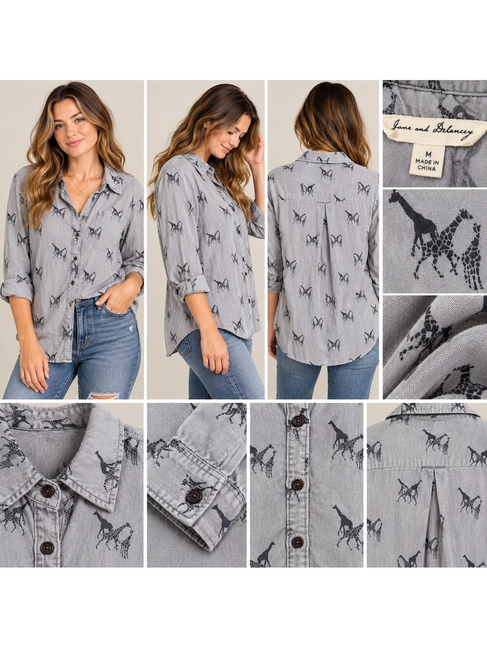 Jane and Delancey Giraffe Print Button Down Shirt Gray Long Sleeve